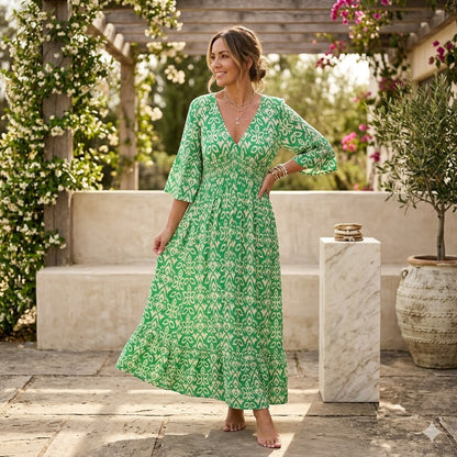 Icone™ SummerDress - Elegant Flowy Printet V-Hals Maxi Sommerkjole