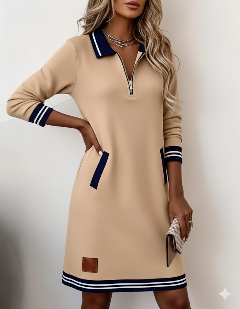 Icone™ ChicDress: Kvinners Uformelle Langermede Halv-glidelås Mini Chic Kjole