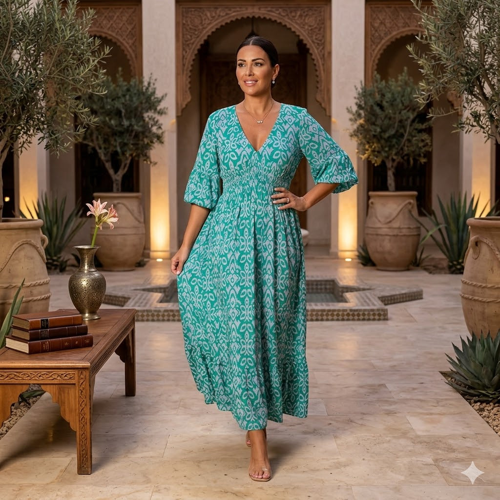 Icone™ SummerDress - Elegant Flowy Printet V-Hals Maxi Sommerkjole