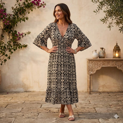 Icone™ SummerDress - Elegant Flowy Printet V-Hals Maxi Sommerkjole
