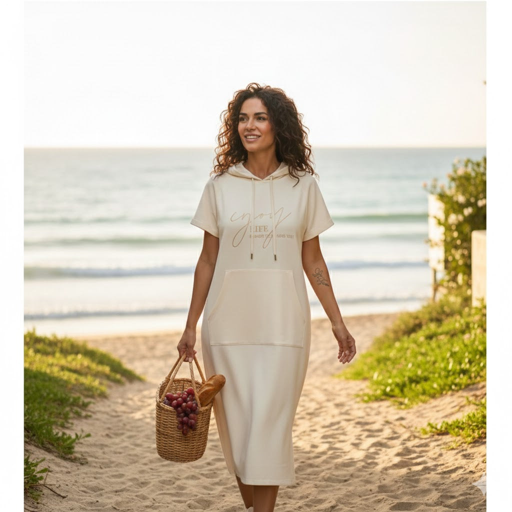 Icone™ DrawstringDress: Kvinners Koselige Hette Snor Midikjole