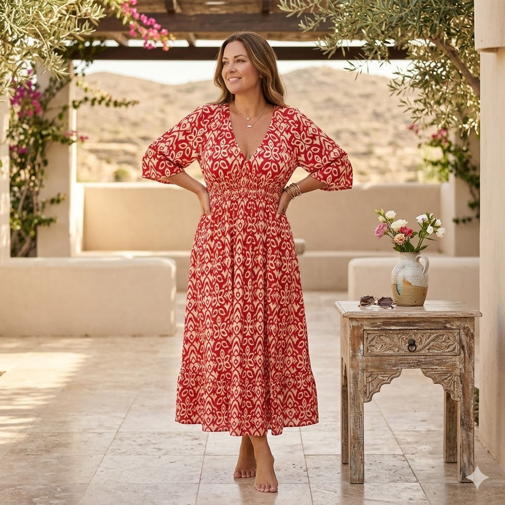 Icone™ SummerDress - Elegant Flowy Printet V-Hals Maxi Sommerkjole
