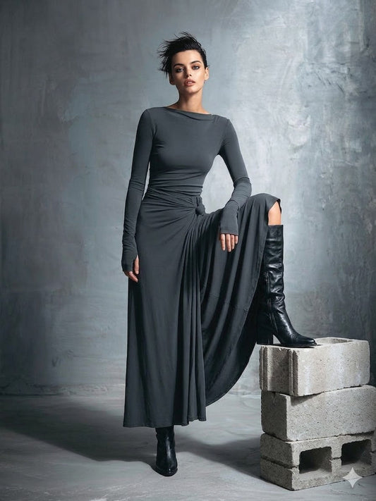 Icone™ MaxiDress: Side-Knute Slå-Om Slank Passform Premium Lang Maxi Kjole