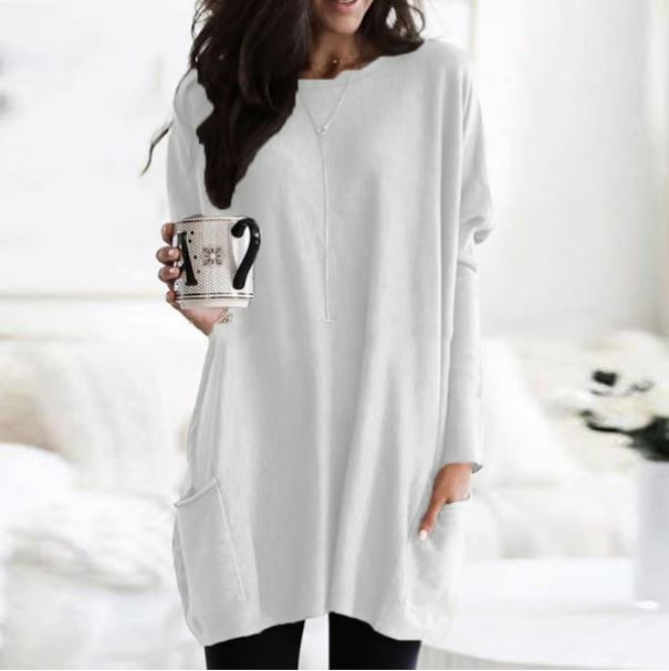 Icone™ PocketBlouse: Lang Erme Løs Avslappet Lommebluse